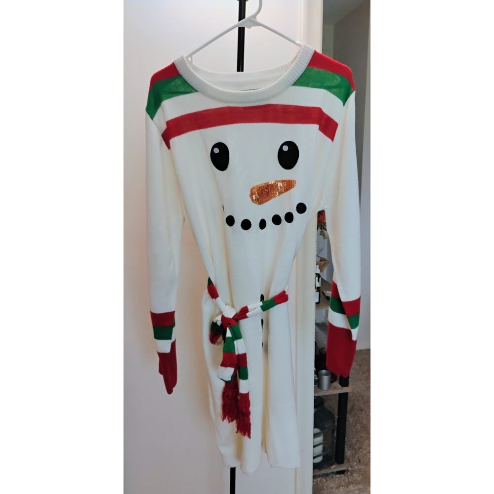XL Snowman Sweater Dress With Striped Belt. Christmas Party. Holiday. Frosty.